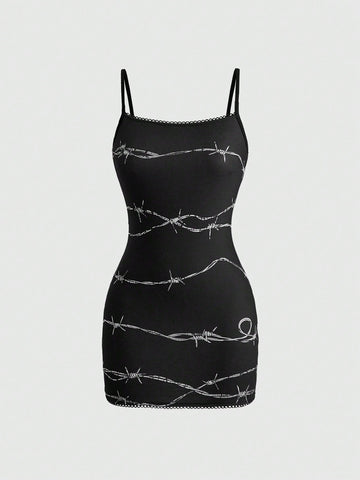 Women wearing a black thorn pattern goth bodycon mini dress with spaghetti straps and a slim fit pencil hem.