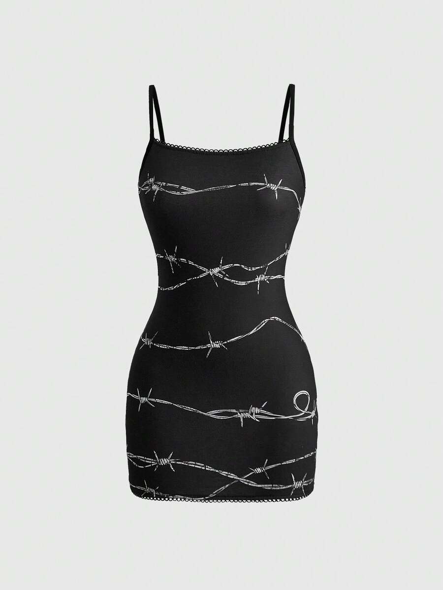 Women wearing a black thorn pattern goth bodycon mini dress with spaghetti straps and a slim fit pencil hem.