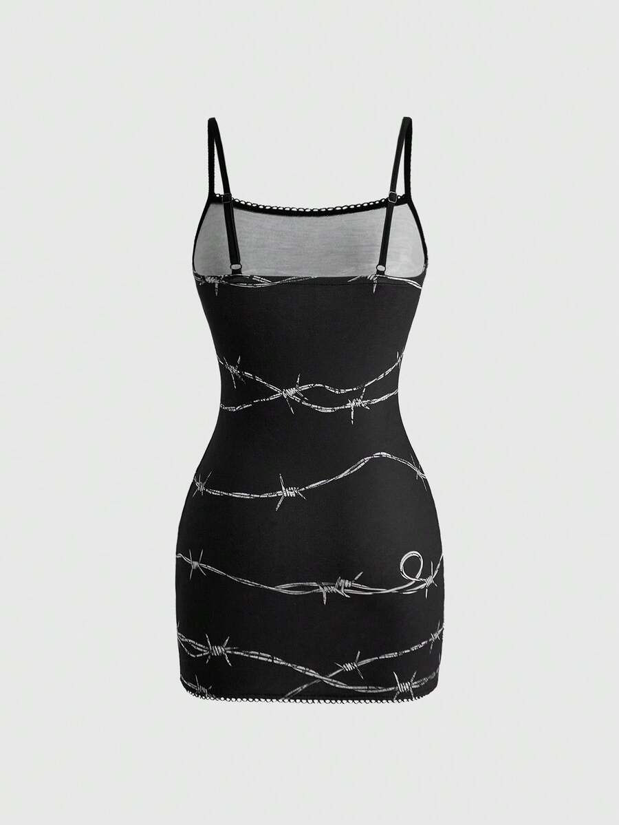 Women wearing a black thorn pattern goth bodycon mini dress with spaghetti straps and a slim fit pencil hem.