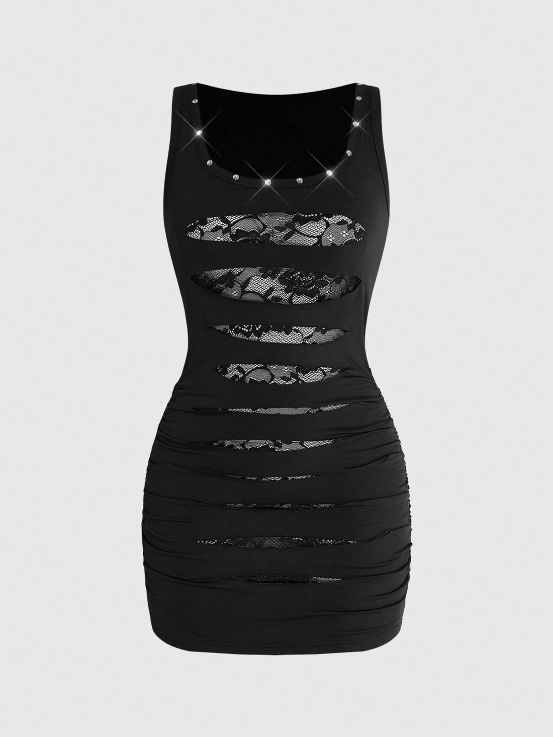 Women's black contrast lace bodycon mini dress with ruched details, scoop neckline, and studded accents.