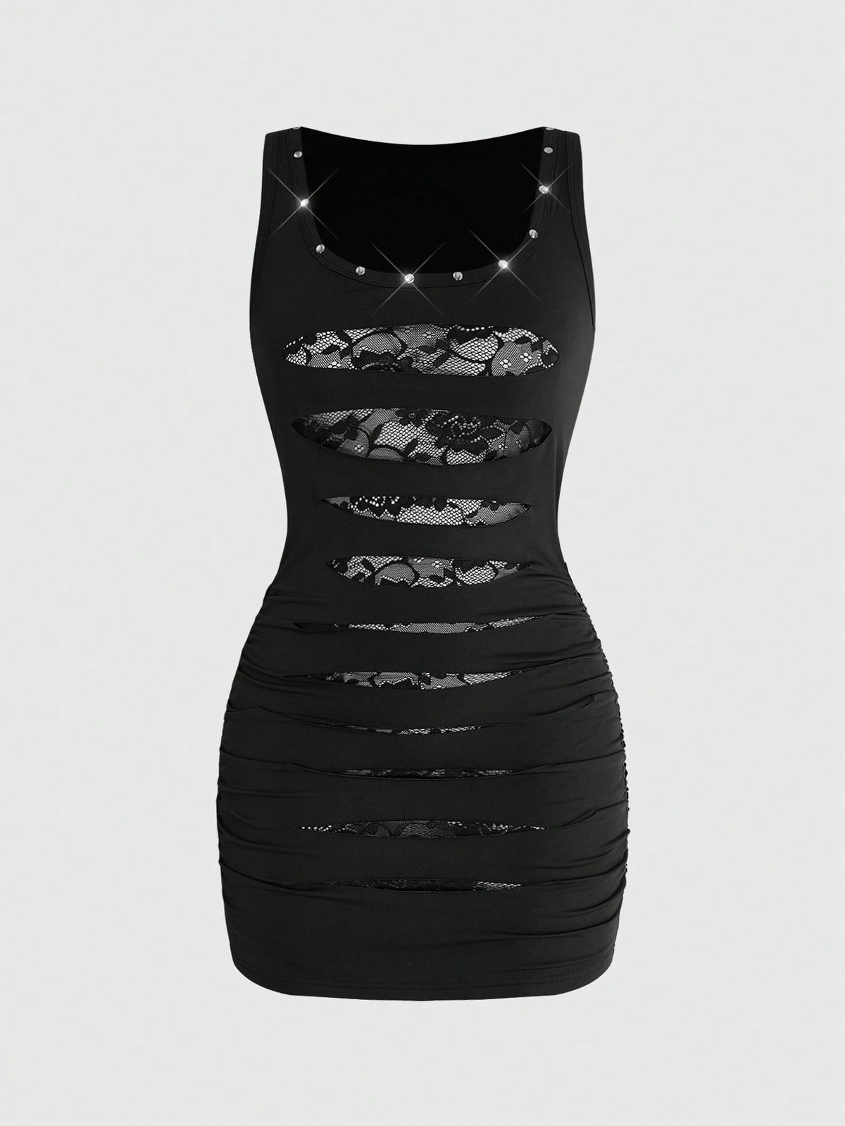 Women's black contrast lace bodycon mini dress with ruched details, scoop neckline, and studded accents.