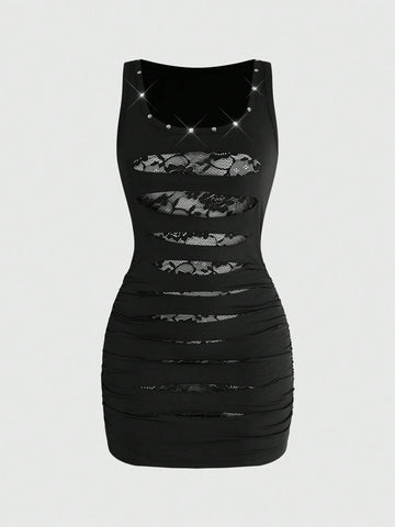 Women's black contrast lace bodycon mini dress with ruched details, scoop neckline, and studded accents.