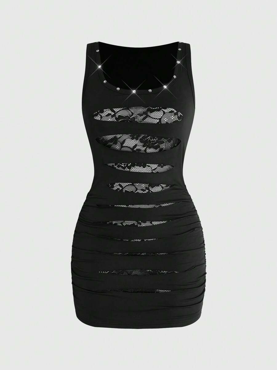 Women's black contrast lace bodycon mini dress with ruched details, scoop neckline, and studded accents.
