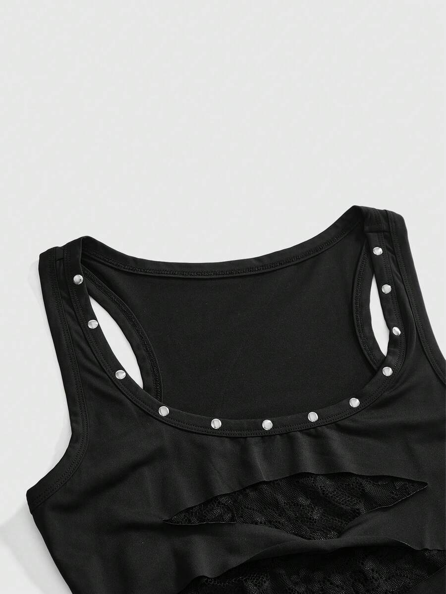 Women's black contrast lace bodycon mini dress with ruched details, scoop neckline, and studded accents.