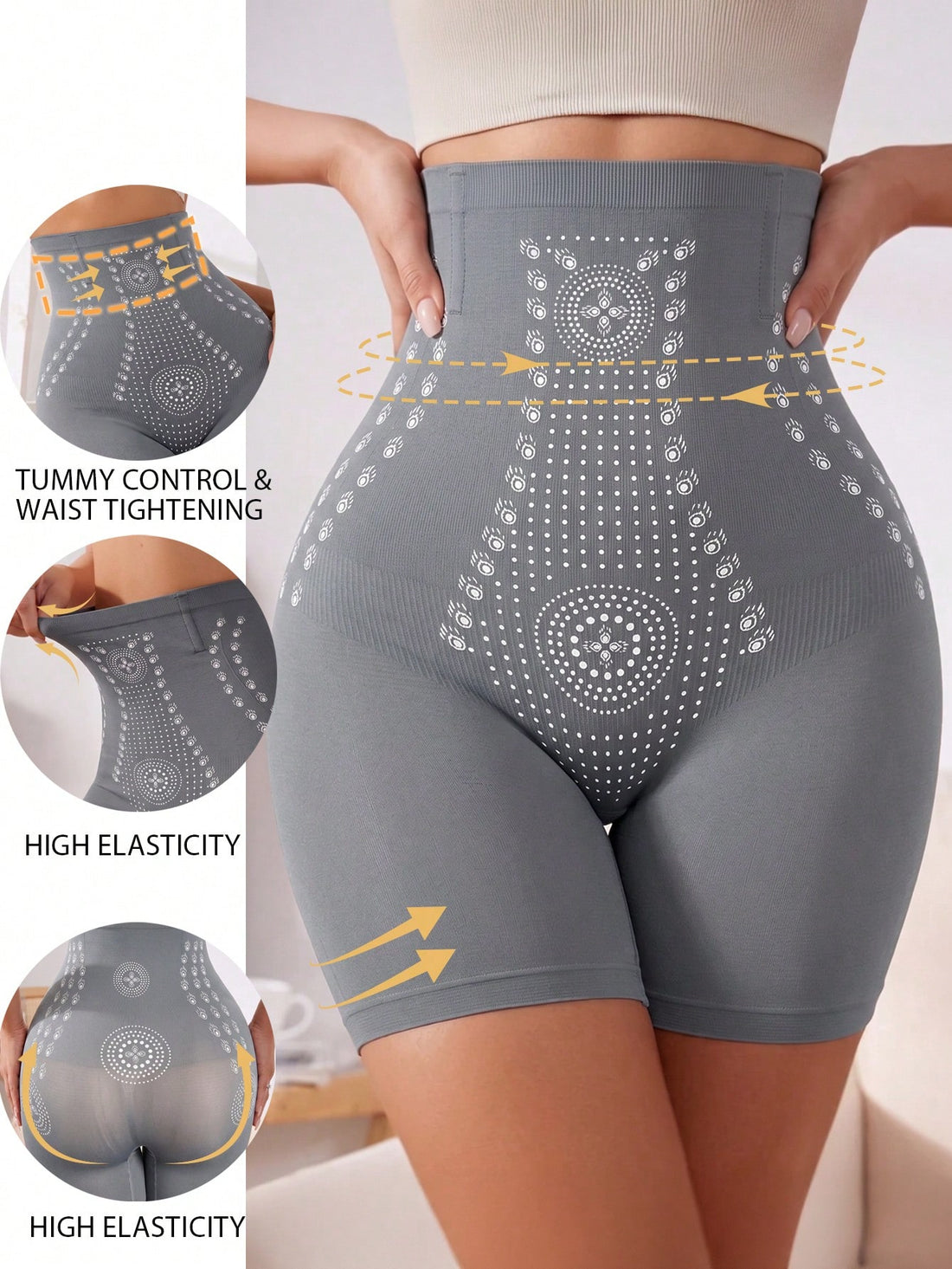Dusty blue high waist seamless shaping panties for women featuring plain knitted fabric design for tummy and waist control.