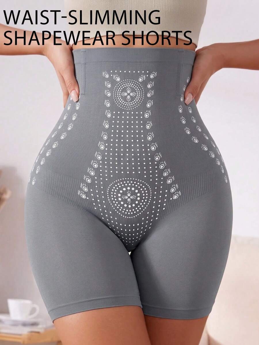 Dusty blue high waist seamless shaping panties for women featuring plain knitted fabric design for tummy and waist control.