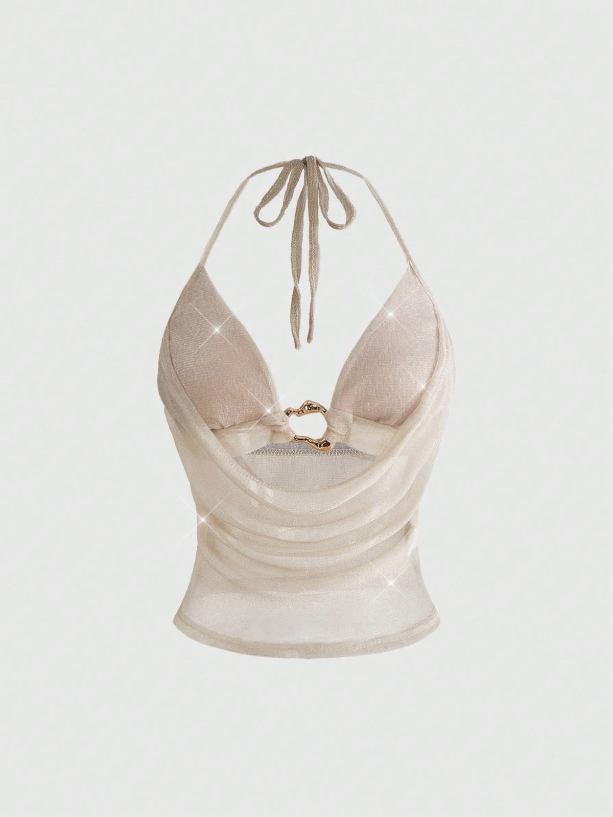Women's glitter backless halter crop top with a draped neck and tie-up straps in metallic black knit fabric.