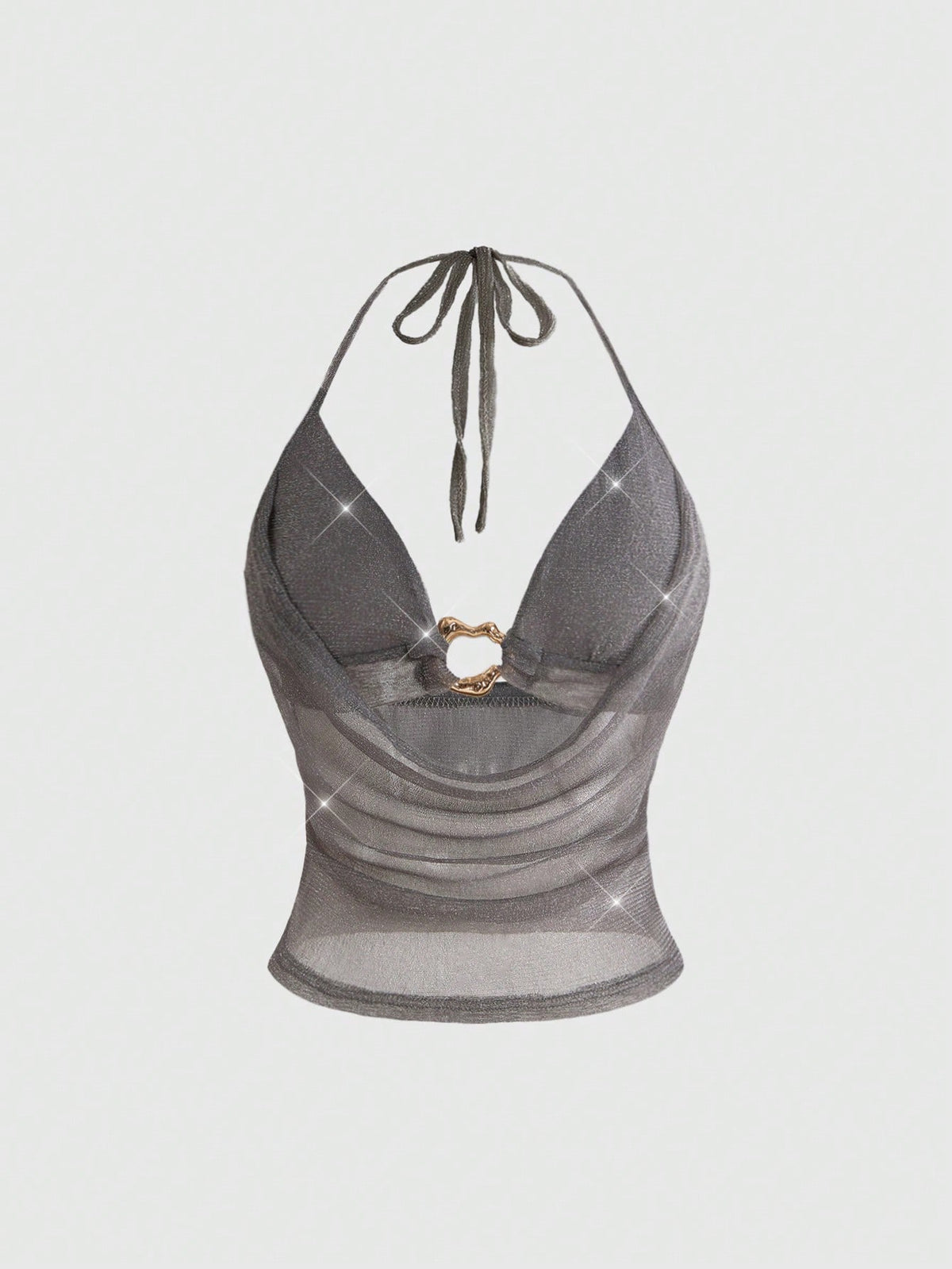 Women's glitter backless halter crop top with a draped neck and tie-up straps in metallic black knit fabric.