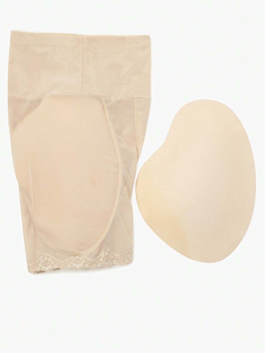 Women's super high waist shaping shorts in apricot knit fabric featuring contrast lace trim for tummy and thigh control.