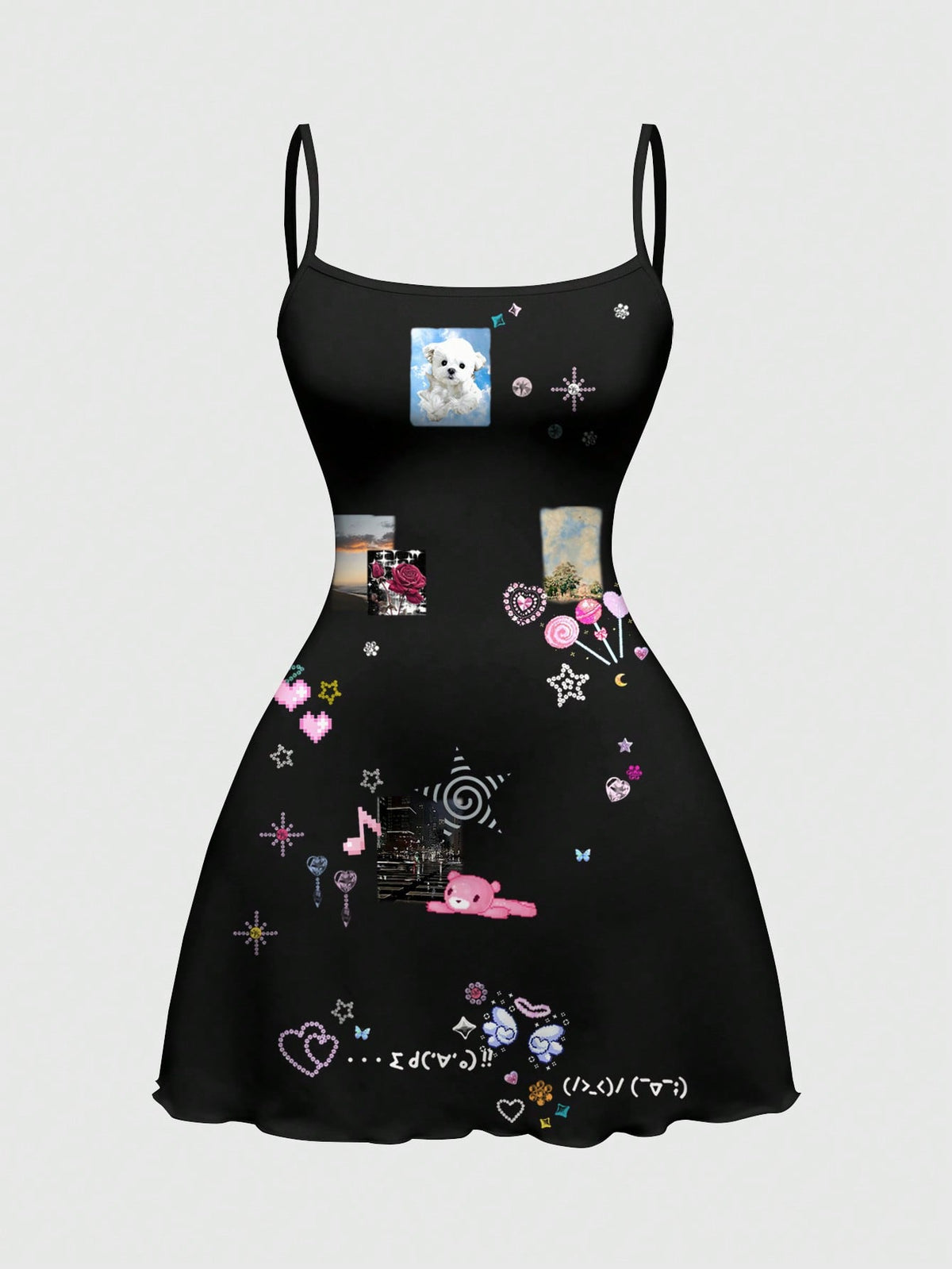 Women's black backless cami mini dress featuring spaghetti straps, lettuce trim detail, high waist, and a flared hem design.