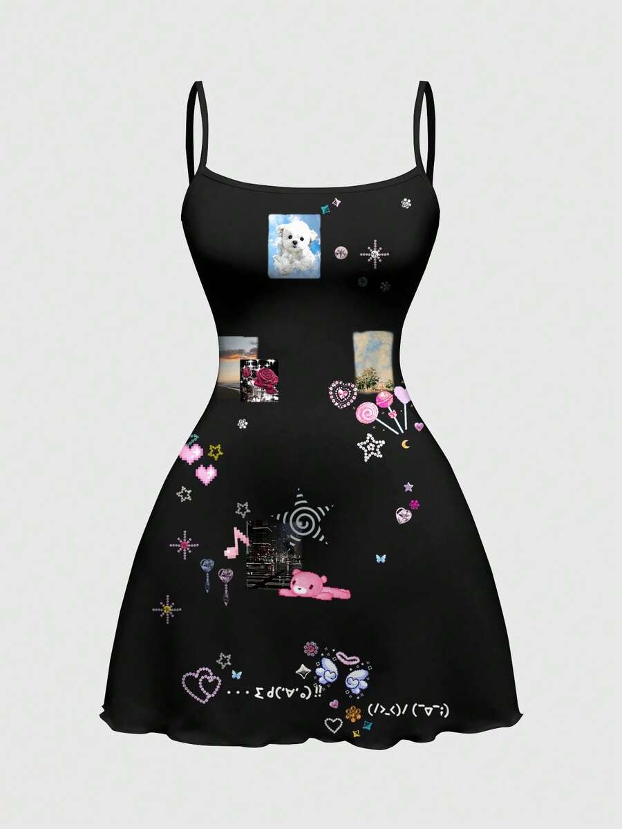 Women's black backless cami mini dress featuring spaghetti straps, lettuce trim detail, high waist, and a flared hem design.