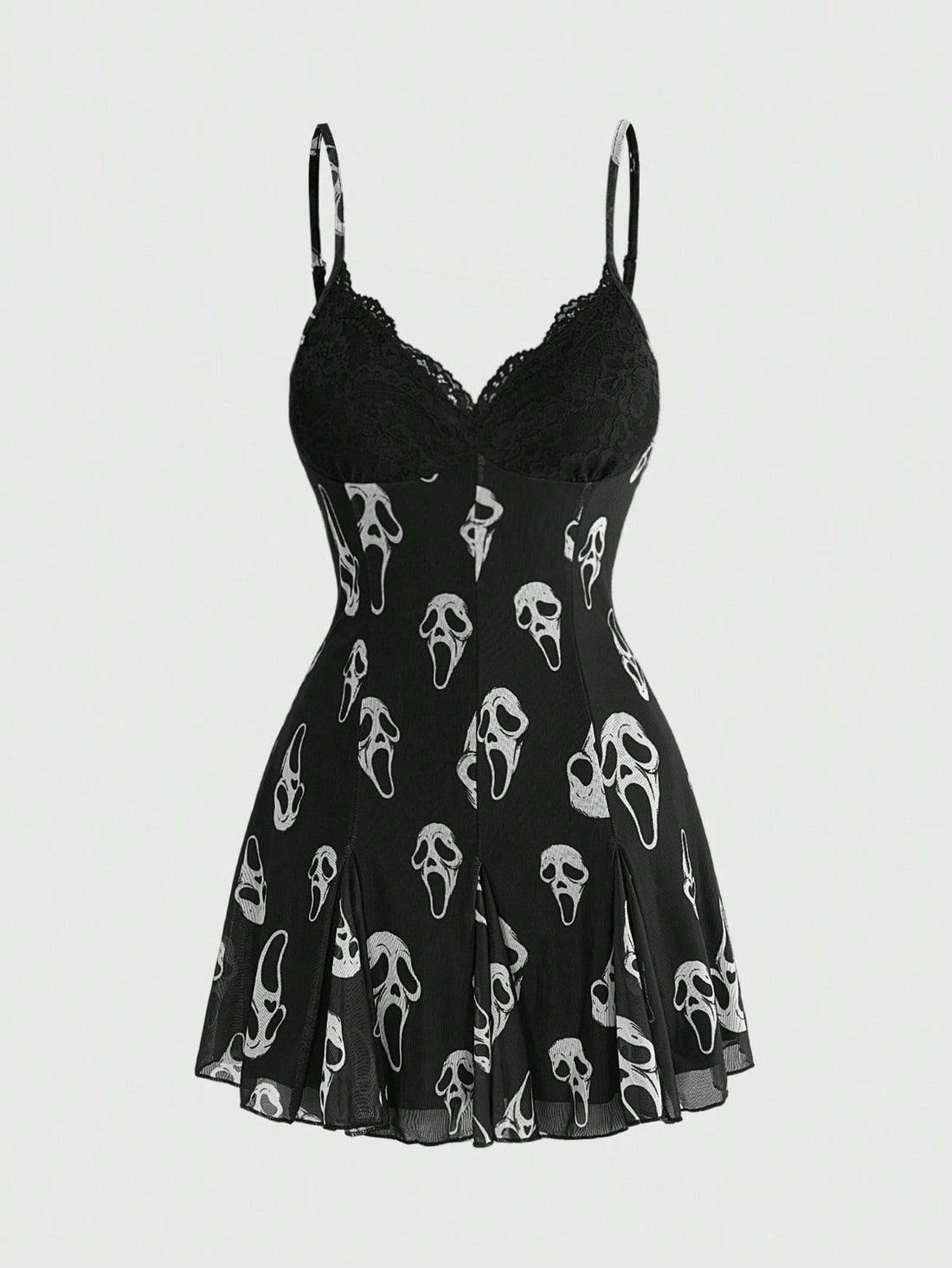 Women's black and white gothic cami mini dress featuring contrast lace trim, pleated details, high waist, and flared hem on high-stretch fabric.