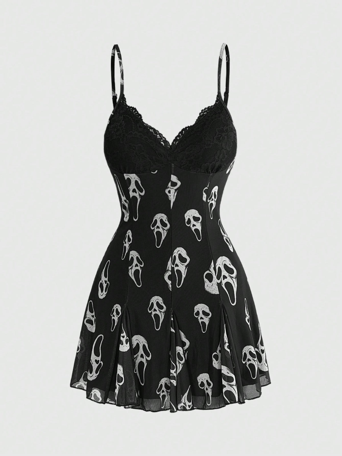 Women's black and white gothic cami mini dress featuring contrast lace trim, pleated details, high waist, and flared hem on high-stretch fabric.