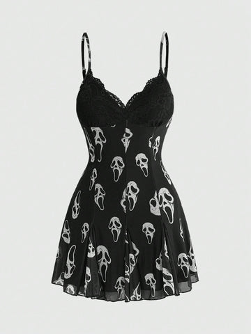 Women's black and white gothic cami mini dress featuring contrast lace trim, pleated details, high waist, and flared hem on high-stretch fabric.