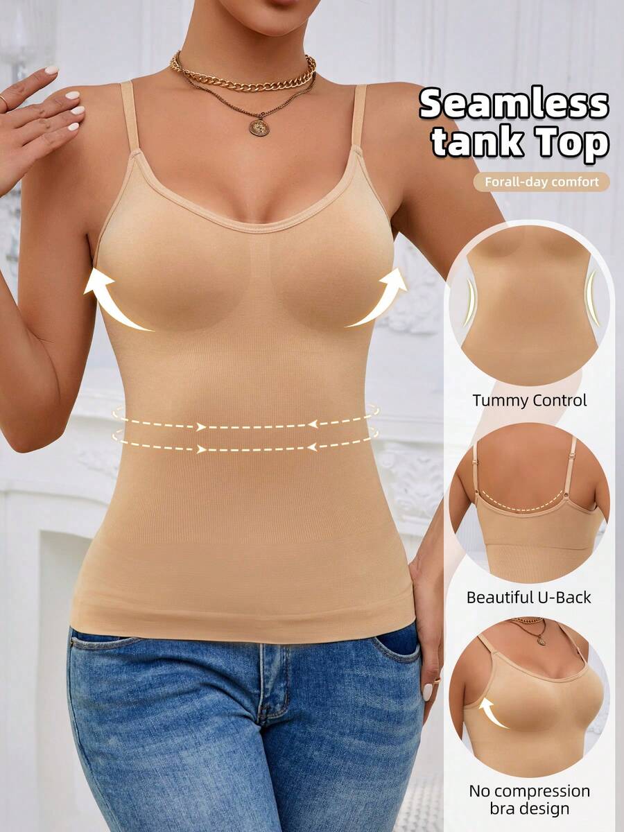 Black rib-knit slimming camisole tank top for women featuring adjustable straps and waist shaping fit.