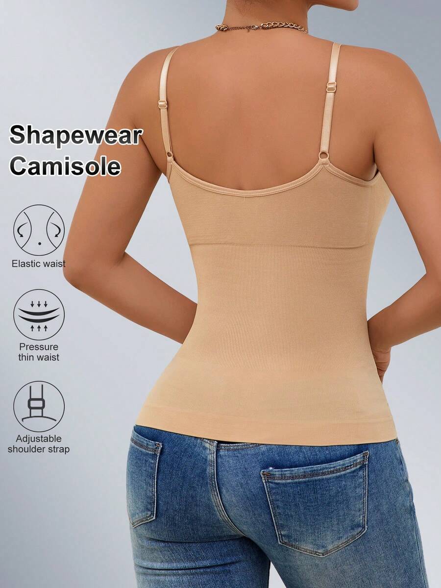 Black rib-knit slimming camisole tank top for women featuring adjustable straps and waist shaping fit.
