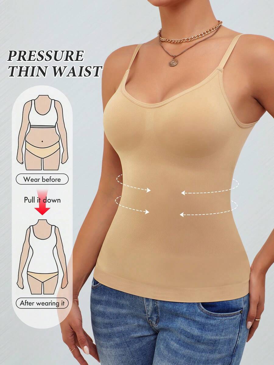Black rib-knit slimming camisole tank top for women featuring adjustable straps and waist shaping fit.