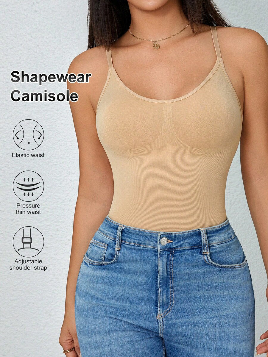 Black rib-knit slimming camisole tank top for women featuring adjustable straps and waist shaping fit.