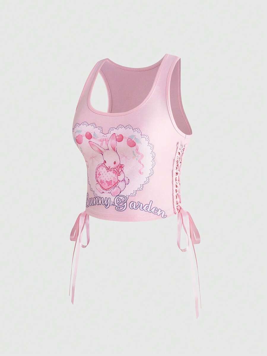 Pink slim fit cropped tank top with scoop neckline, featuring cute rabbit and heart print, rhinestone details, and front ribbon bow accent.