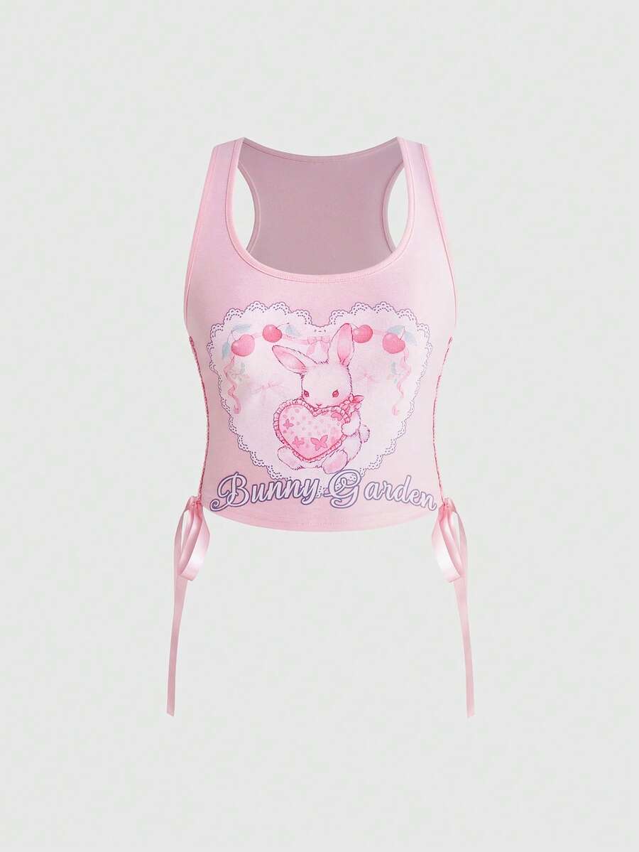 Pink slim fit cropped tank top with scoop neckline, featuring cute rabbit and heart print, rhinestone details, and front ribbon bow accent.