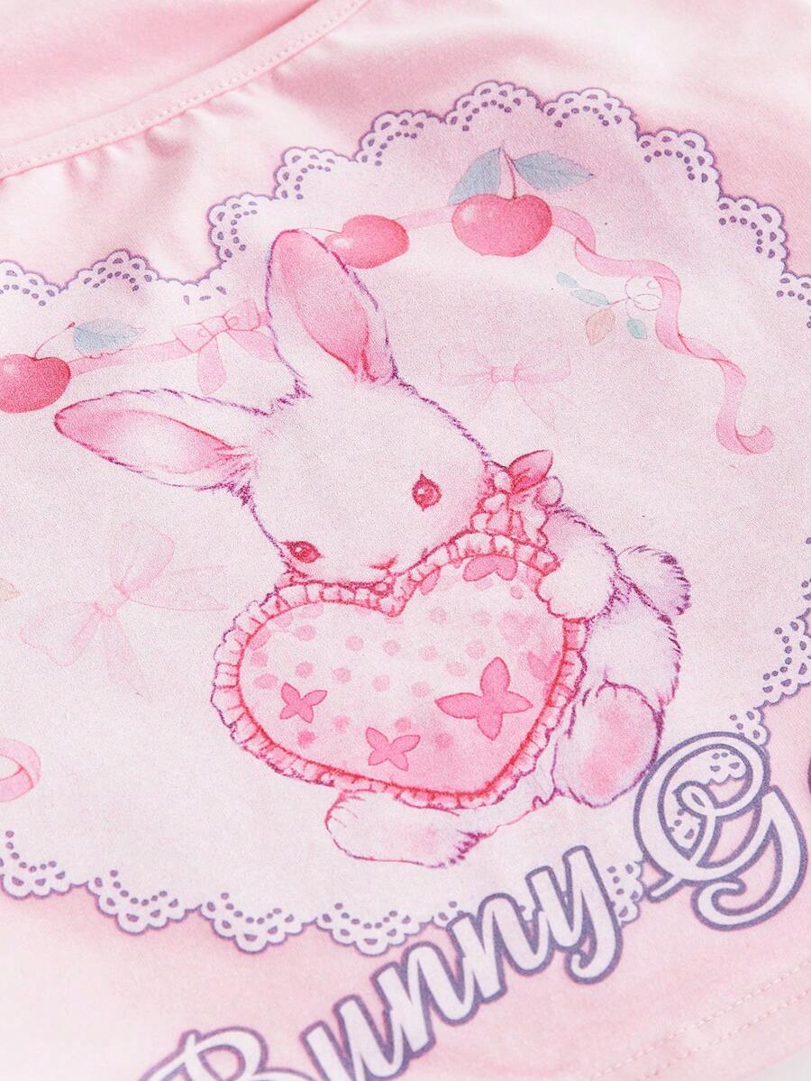 Pink slim fit cropped tank top with scoop neckline, featuring cute rabbit and heart print, rhinestone details, and front ribbon bow accent.