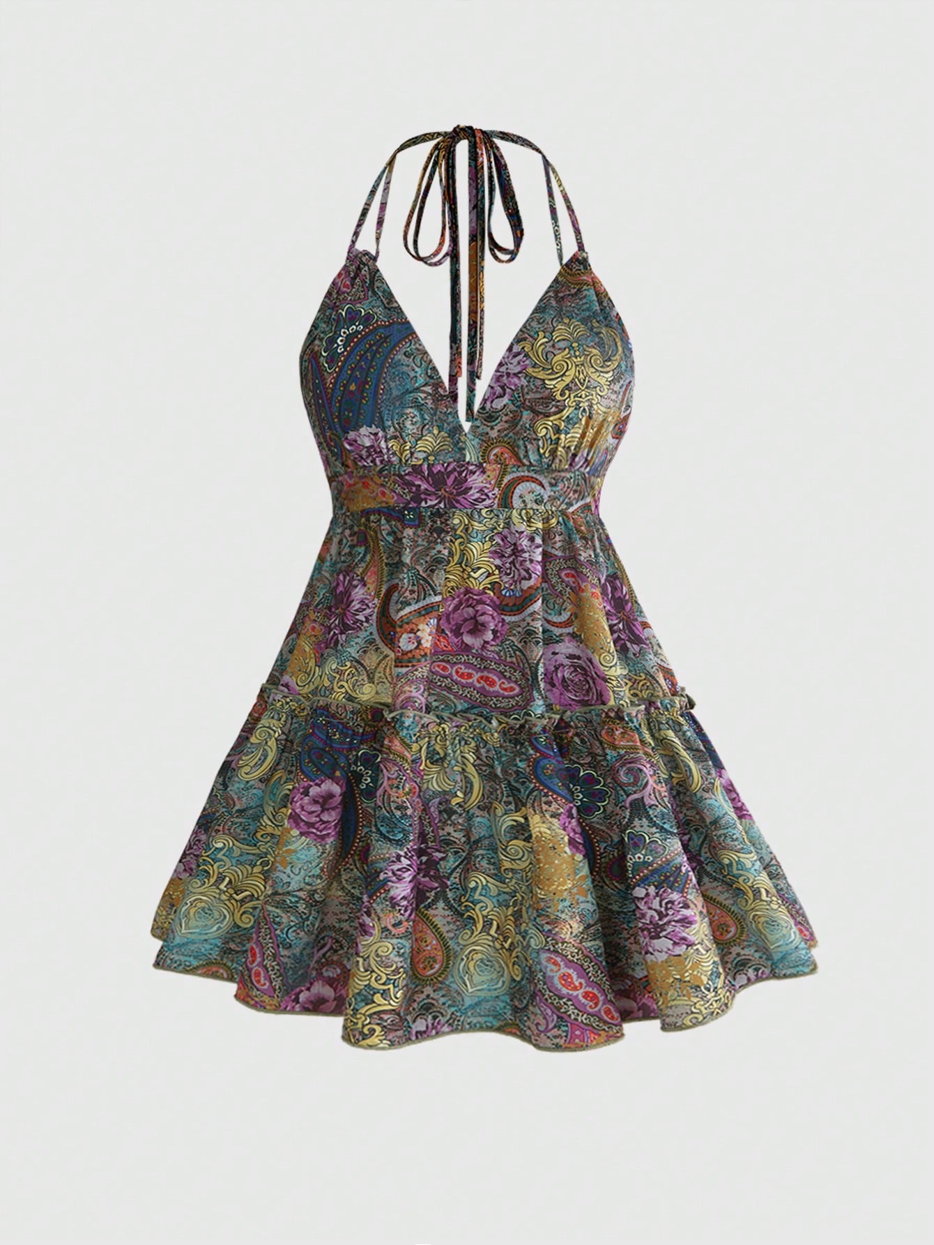 Women's multicolor paisley print halter loose mini dress featuring a backless knot detail and ruffle flounce hem