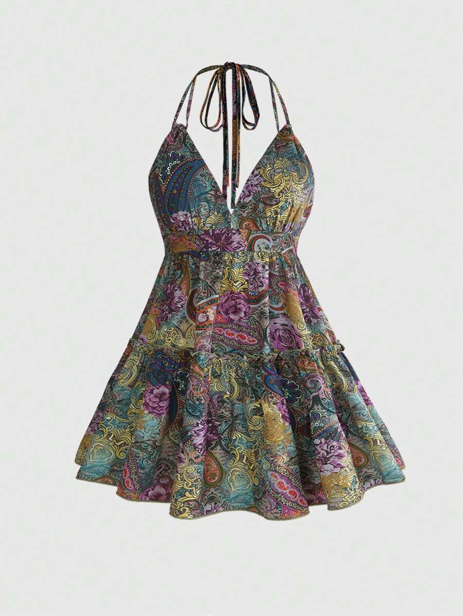 Women's multicolor paisley print halter loose mini dress featuring a backless knot detail and ruffle flounce hem