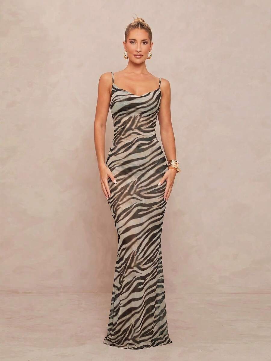 Multicolor animal print cowl neck bodycon maxi dress for women with spaghetti straps, ruched detail, open tie back, and mermaid hem.