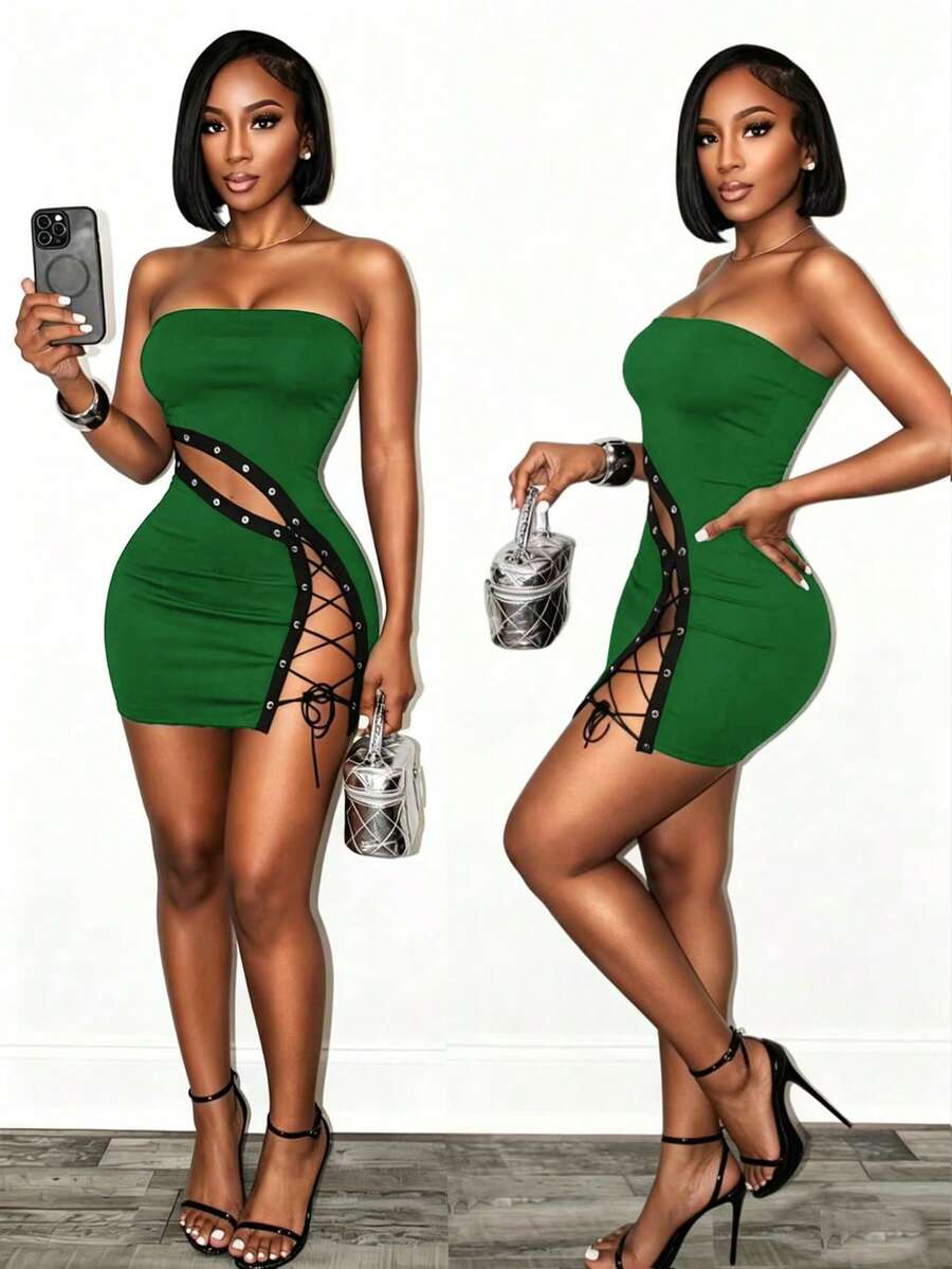 Women's black strapless bodycon mini dress featuring an asymmetrical lace-up design with grommet eyelets and a slim pencil fit.