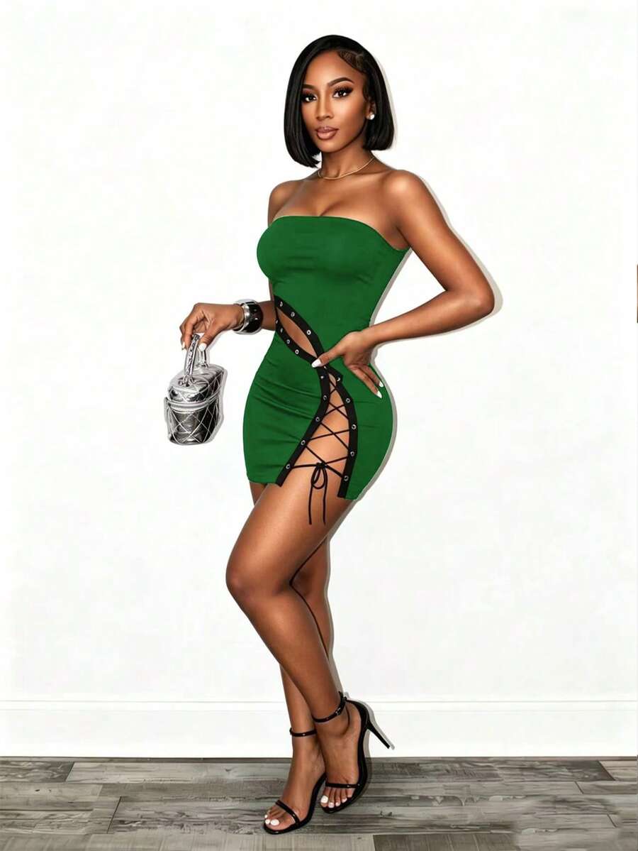 Women's black strapless bodycon mini dress featuring an asymmetrical lace-up design with grommet eyelets and a slim pencil fit.