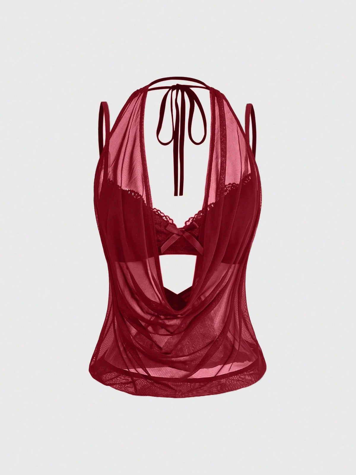 Women wearing a black draped backless halter crop top layered over a boned lace camisole.