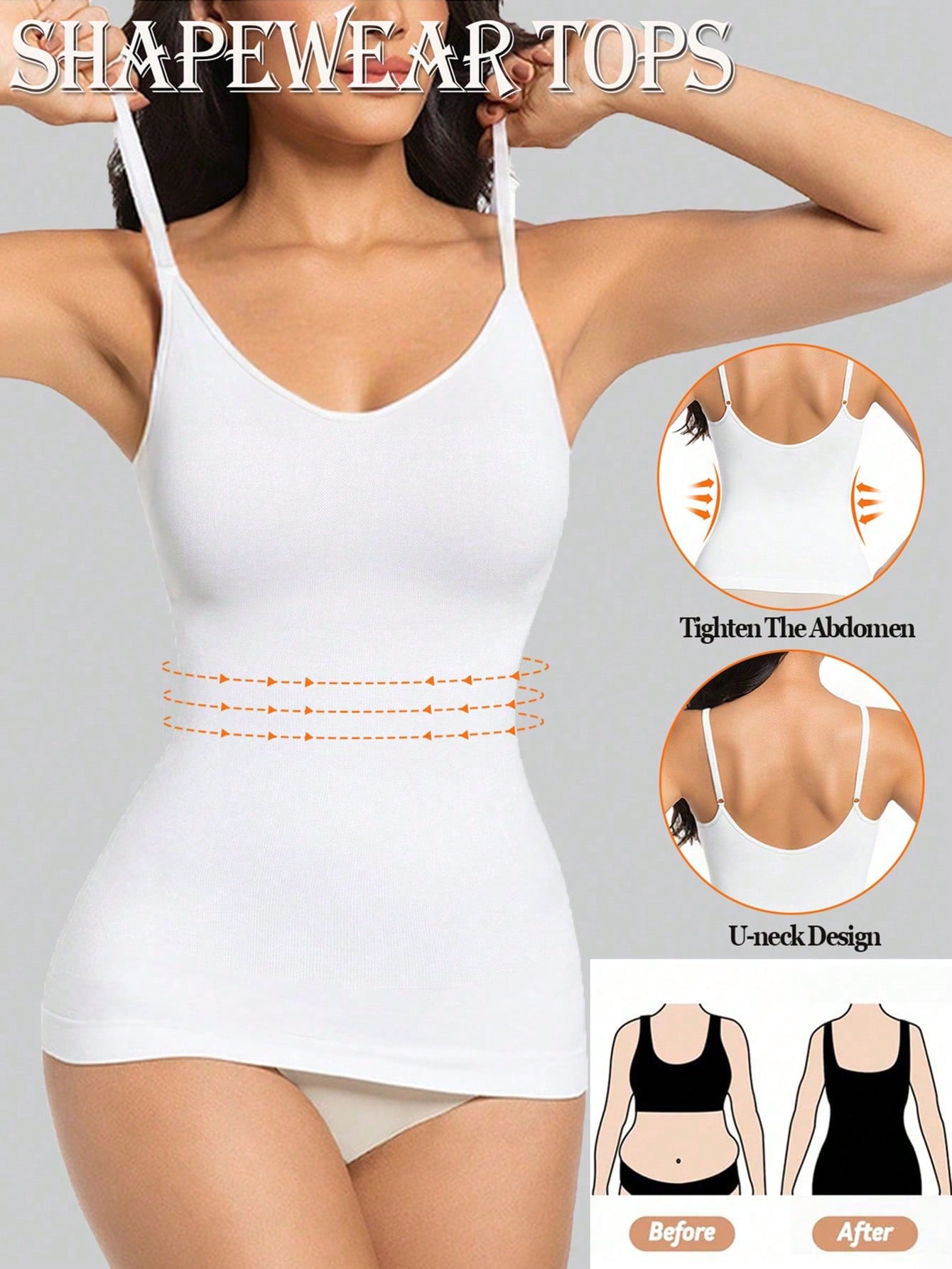 Women's white seamless shapewear crop top featuring adjustable straps and tummy control body shaping design.