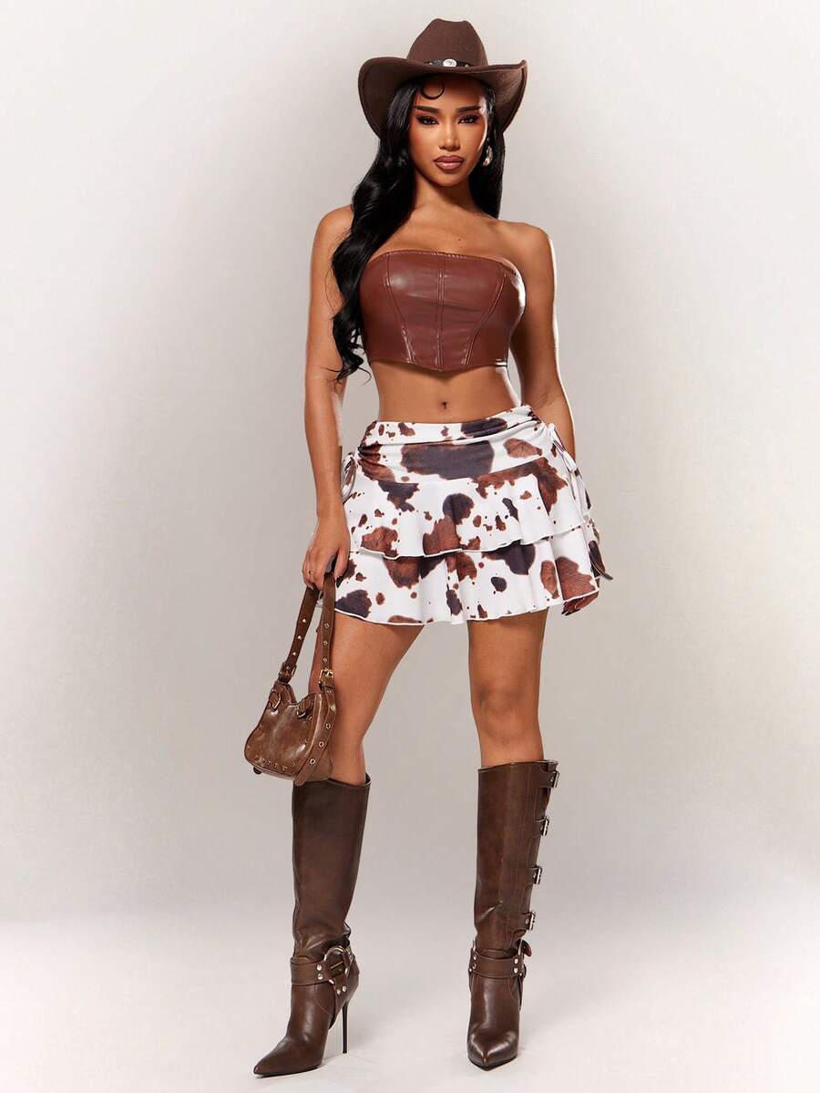 Women's black PU coated layered ruffle mini skirt featuring a high waist, tiered ruffle hem, and zipper detail.