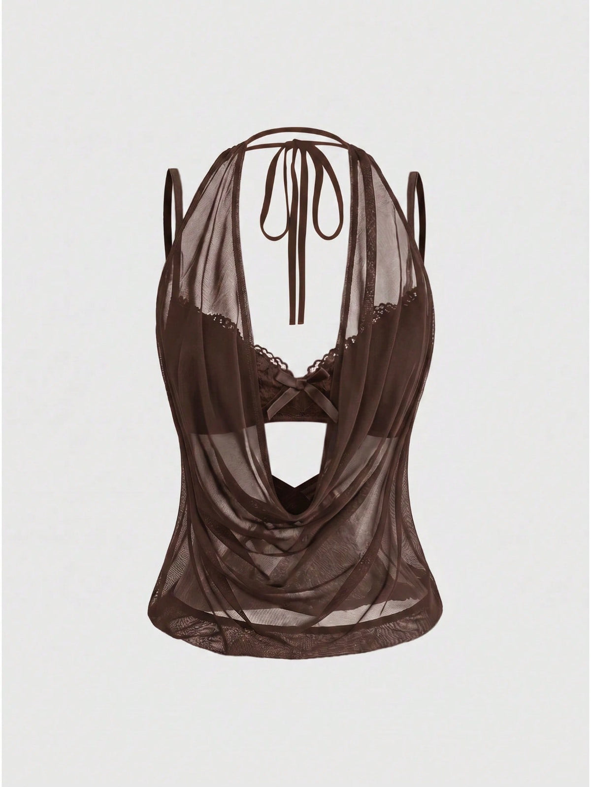 Women wearing a black draped backless halter crop top layered over a boned lace camisole.