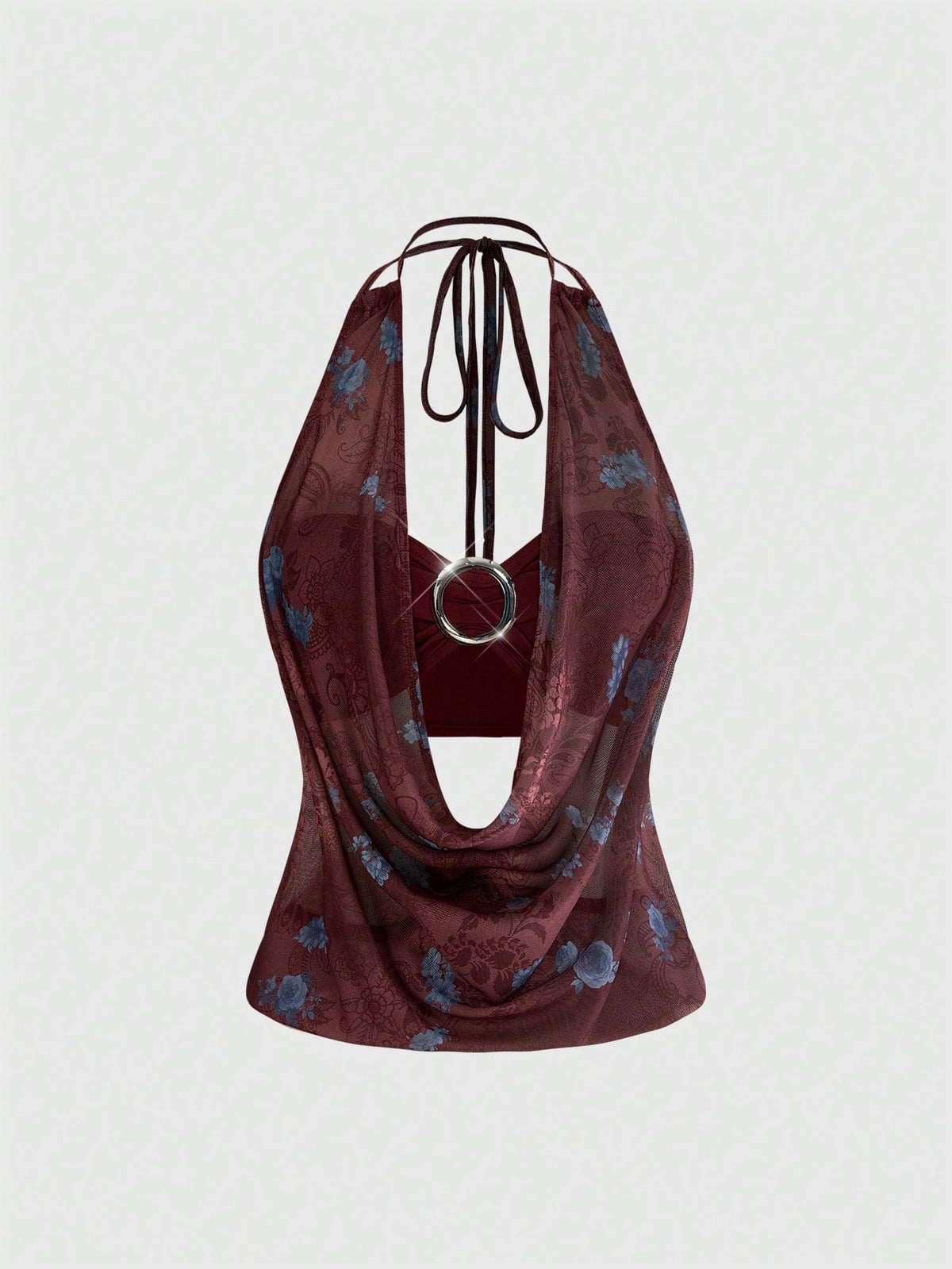 Women's cowl neck halter crop tank top featuring a draped backless design and matching bandeau inner layer.