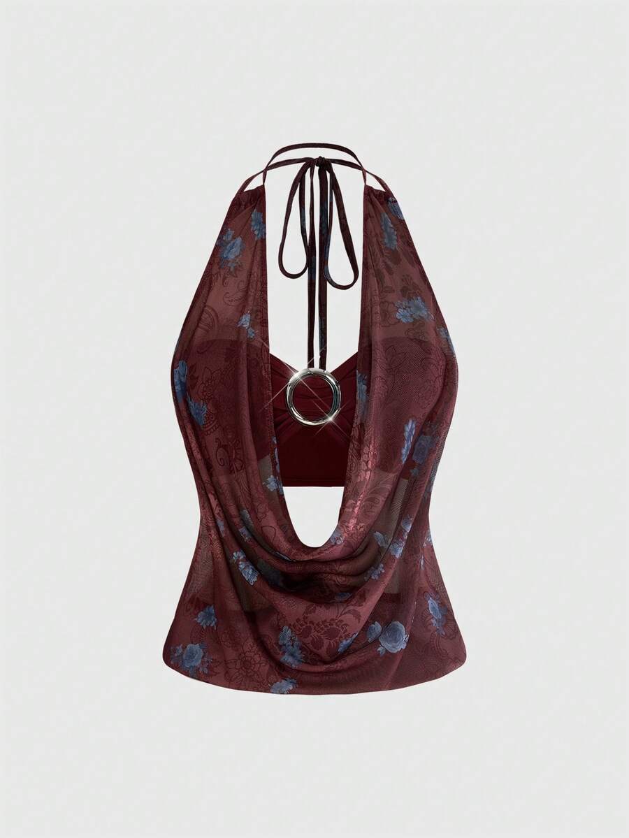Women's cowl neck halter crop tank top featuring a draped backless design and matching bandeau inner layer.