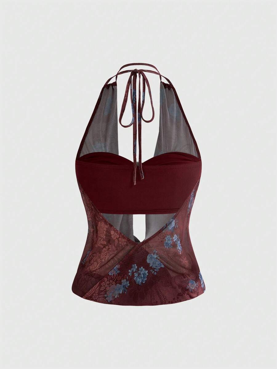 Women's cowl neck halter crop tank top featuring a draped backless design and matching bandeau inner layer.