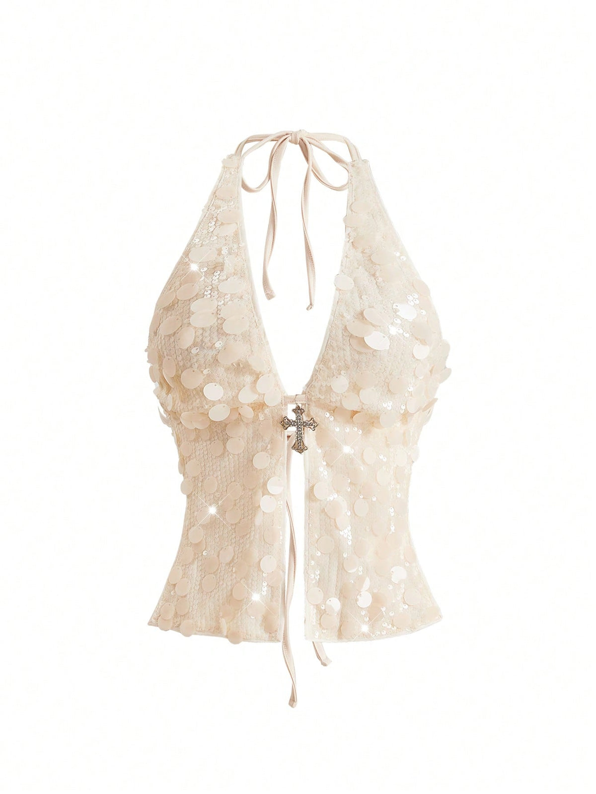 Women's white backless sequin halter neck tank top with knot details and slim fit boho style.