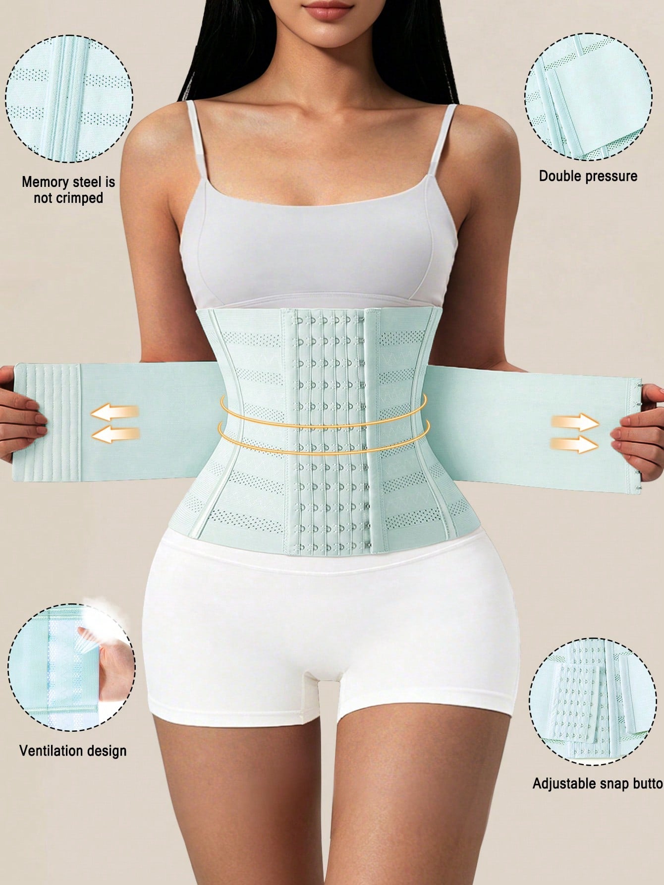 Black double belt wrap waist trainer corset shapewear for women with strong tummy control and button front design.