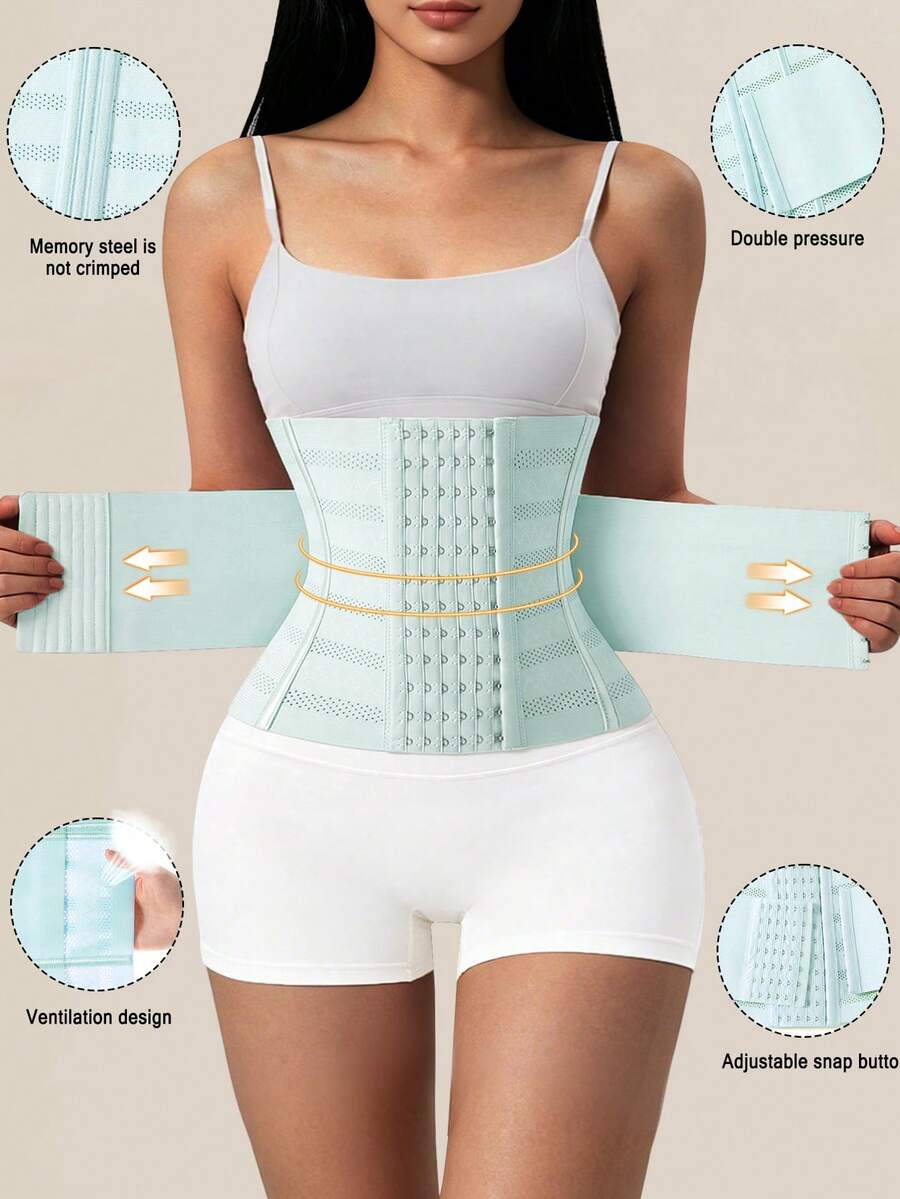 Black double belt wrap waist trainer corset shapewear for women with strong tummy control and button front design.