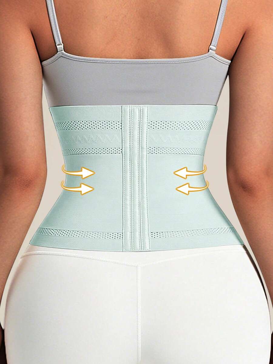 Black double belt wrap waist trainer corset shapewear for women with strong tummy control and button front design.