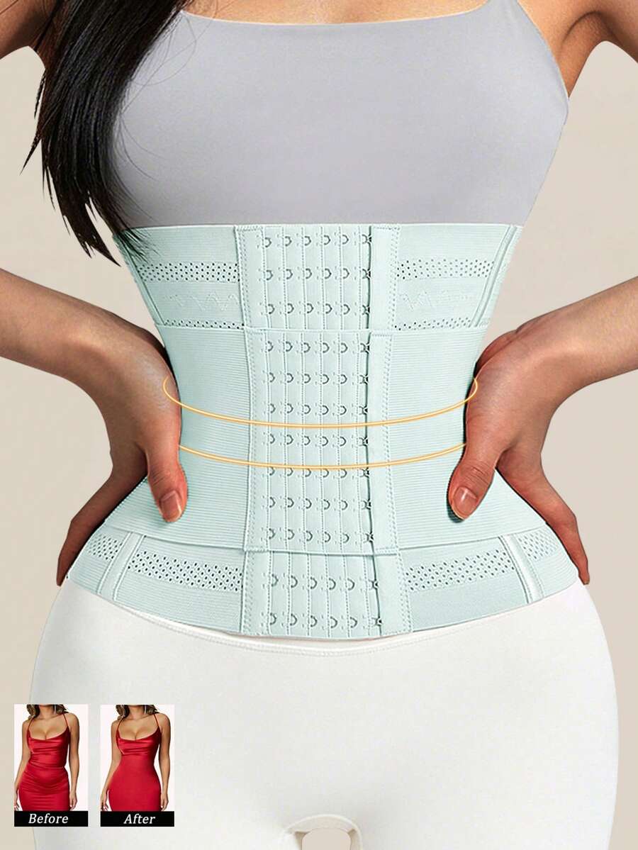 Black double belt wrap waist trainer corset shapewear for women with strong tummy control and button front design.