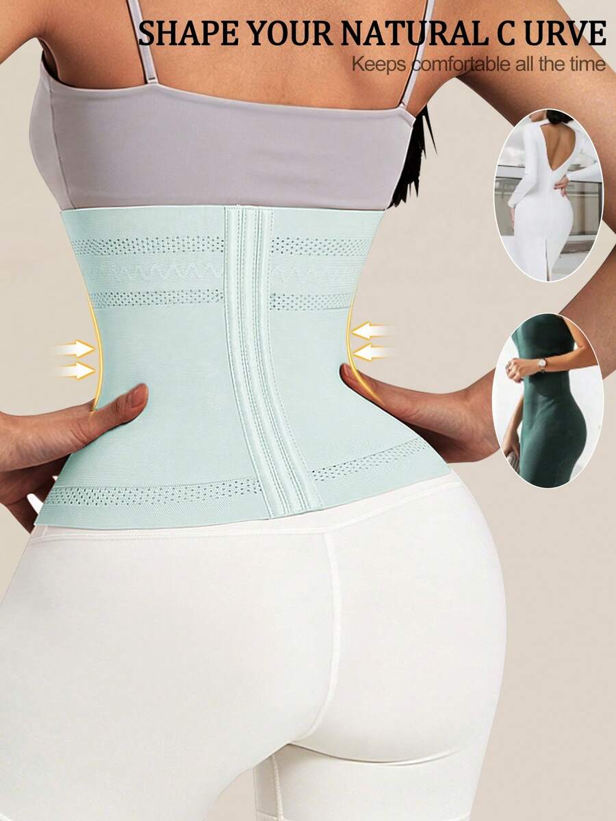 Black double belt wrap waist trainer corset shapewear for women with strong tummy control and button front design.