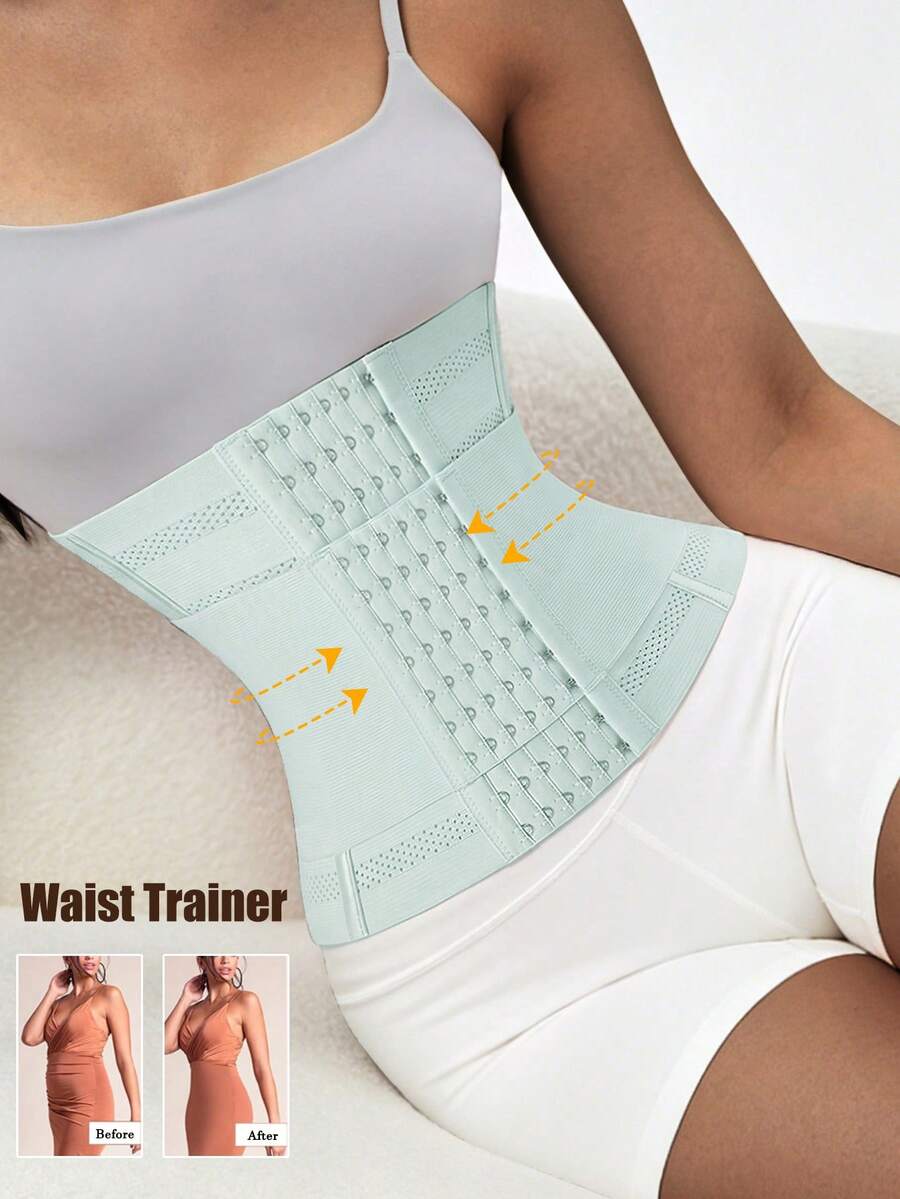 Black double belt wrap waist trainer corset shapewear for women with strong tummy control and button front design.