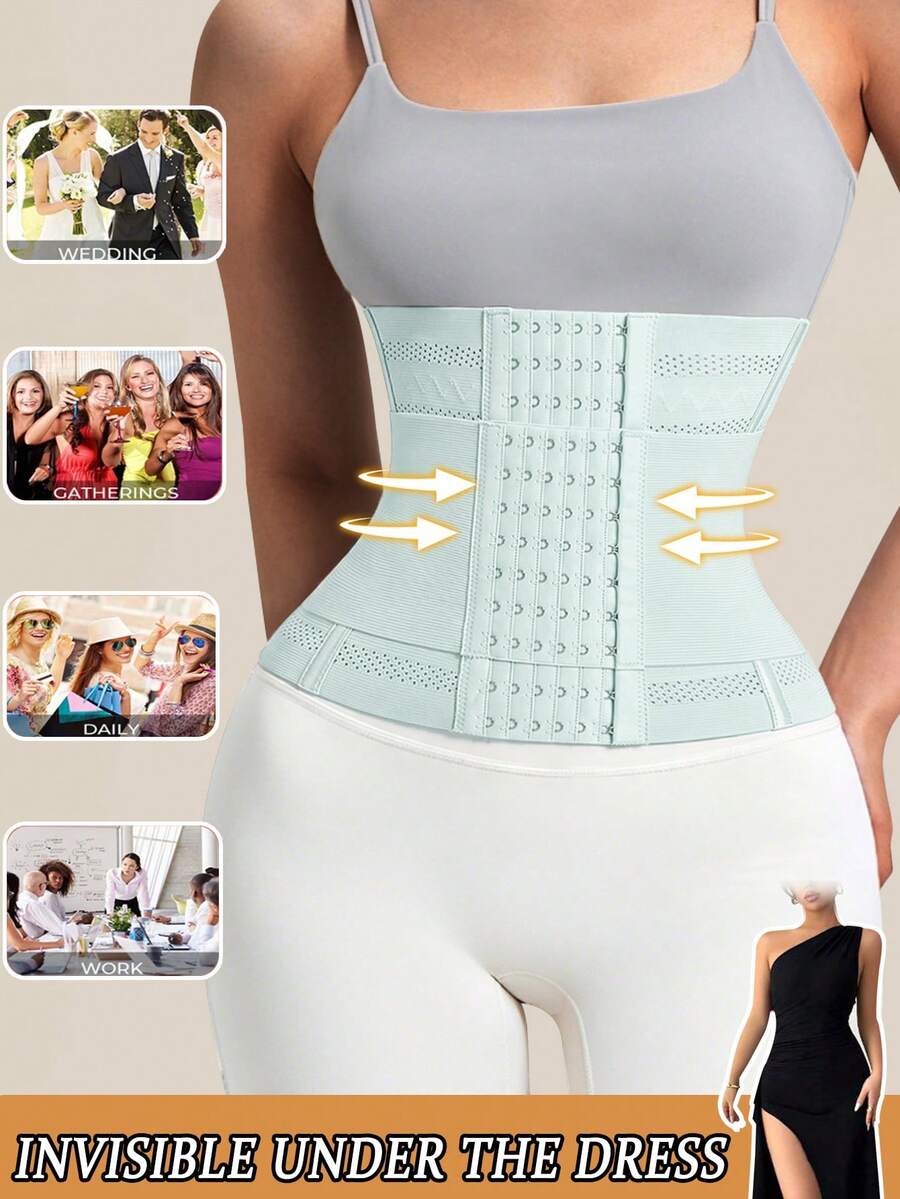 Black double belt wrap waist trainer corset shapewear for women with strong tummy control and button front design.