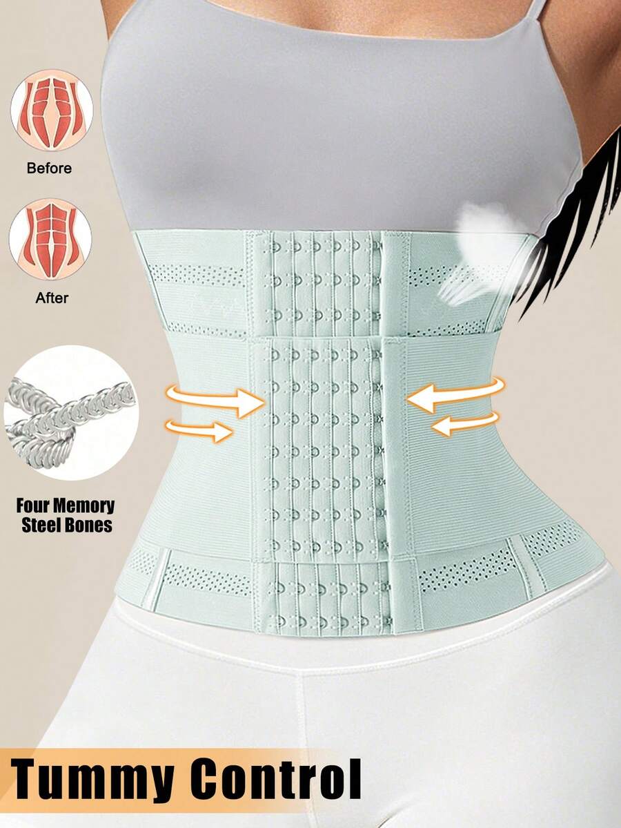Black double belt wrap waist trainer corset shapewear for women with strong tummy control and button front design.
