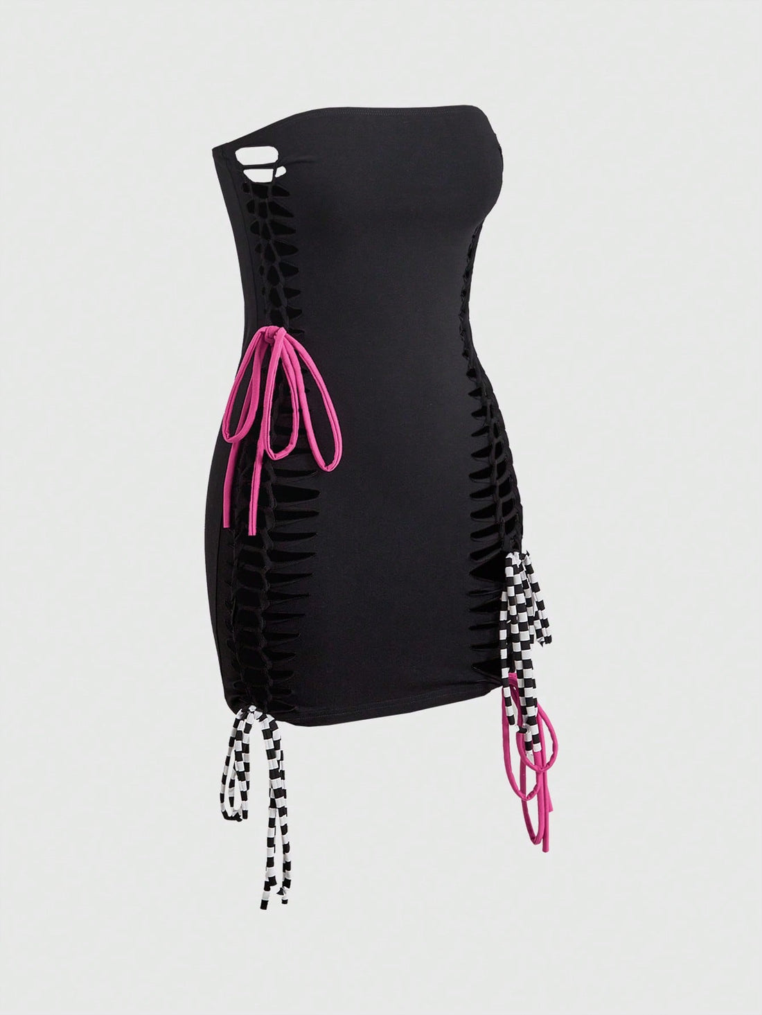 Women's Y2K black strapless bandeau bodycon mini dress featuring a slim fit knitted design and pencil hem.