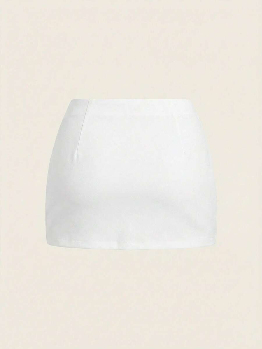Women's white 100% cotton low waist mini skirt featuring a tropical print and zipper detail.