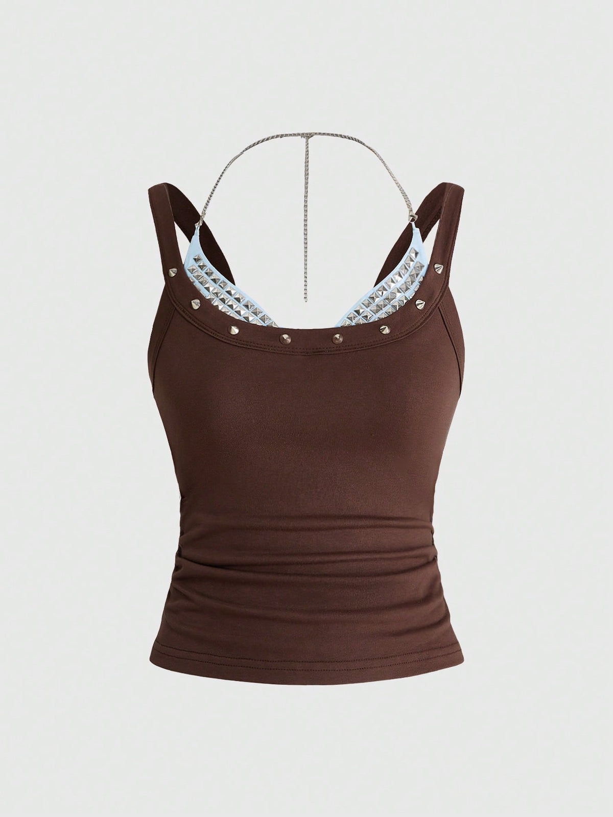 Backless grommet cami tank top featuring slim fit silhouette and strap details on knitted fabric