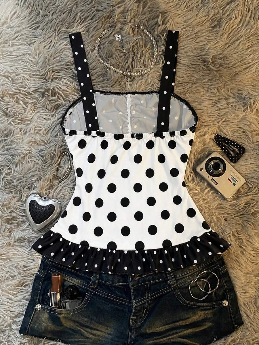Multicolor women's wide strap tank top featuring polka dot pattern, ruched shirred bodice, and flared ruffle hem.